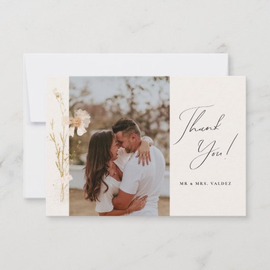 Romantic Pressed Flowers Wedding Photo Cream Dankeskarte (Vorderseite)