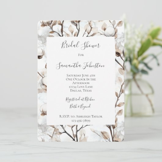 Romantic Pretty White Flowering Tree Bridal Shower Einladung (Stehend Vorderseite)