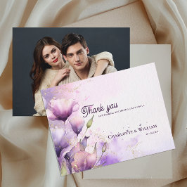 Romantic Purple Floral Photo Wedding Thank You Postkarte