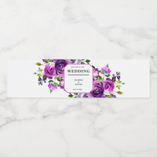 Romantic Purple Floral Wedding Wine Label Wasserflaschenetikett (Einzelnes Label)