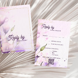 Romantic QR Code Lavender Gold Floral Wedding RSVP Karte