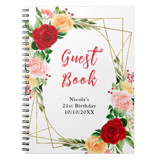 Romantic Red and Orange Roses Birthday Guest Book Notizblock (Vorderseite)