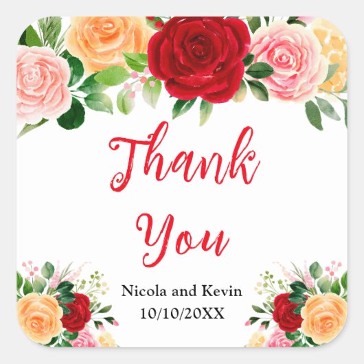 Romantic Red and Orange Roses Quadratischer Aufkleber (Vorderseite)