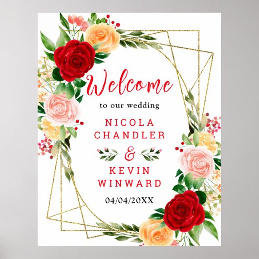 Romantic Red and Orange Roses Wedding Welcome Sign Poster (Vorne)