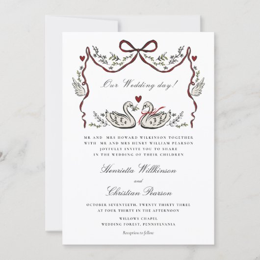 Romantic Red Bow Swans Formal Wedding Invitation Einladung (Vorderseite)