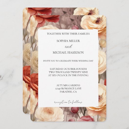 Romantic Red Cream Floral Wedding Einladung (Vorne/Hinten)