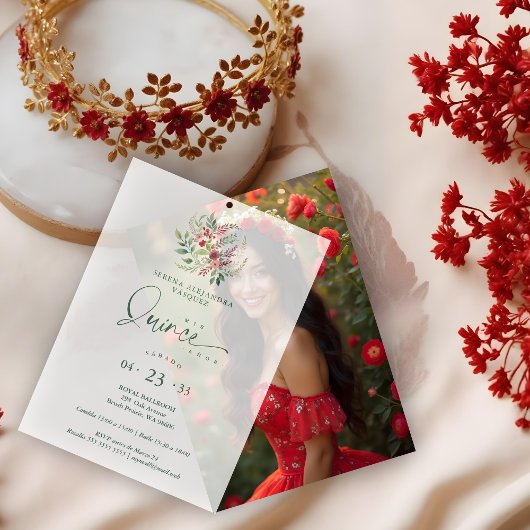 Romantic Red Floral Floral Boho Quinceañera Pergament Einladungen