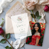 Romantic Red Floral Floral Boho Quinceañera Pergament Einladungen