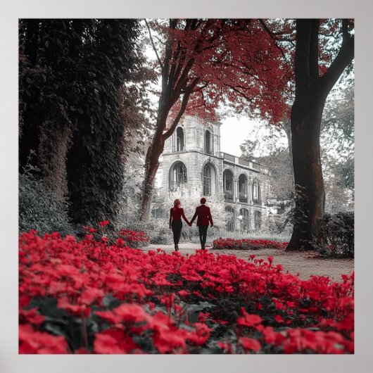 Romantic Red Flowers Couple Square Wall Poster (Vorne)