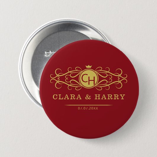 Romantic red gold elegant monogramme wedding  button (Vorne & Hinten)