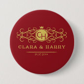 Romantic red gold elegant monogramme wedding button (Vorderseite)