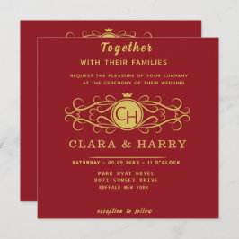 Romantic red gold elegant monogramme wedding  einladung