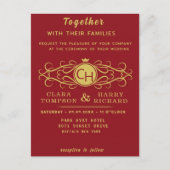 Romantic red gold elegant monogramme wedding einladungspostkarte (Vorderseite)