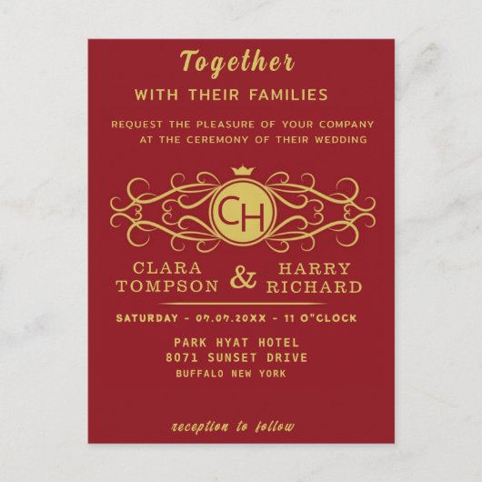 Romantic red gold elegant monogramme wedding einladungspostkarte (Vorderseite)