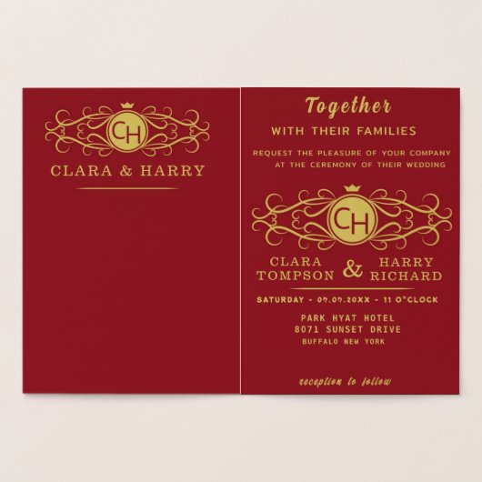 Romantic red gold elegant monogramme wedding folienkarte (Innenseite)