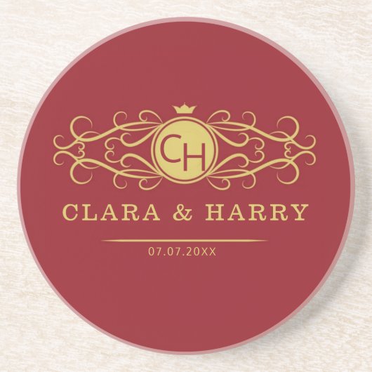 Romantic red gold elegant monogramme wedding getränkeuntersetzer (Vorne)