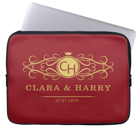 Romantic red gold elegant monogramme wedding  laptopschutzhülle (Vorderseite)