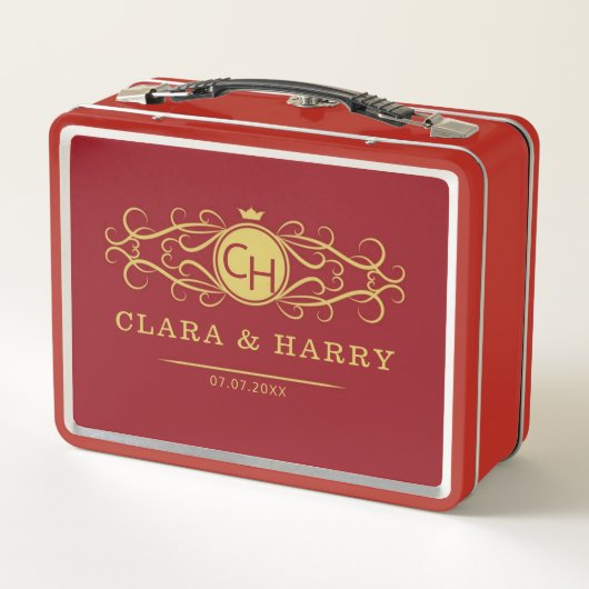 Romantic red gold elegant monogramme wedding  metall brotdose (Rückseite)