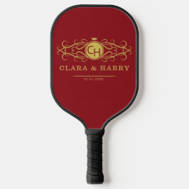 Romantic red gold elegant monogramme wedding  pickleball schläger