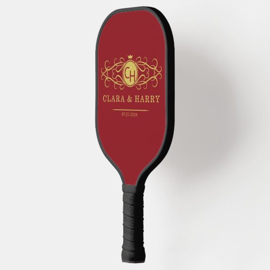 Romantic red gold elegant monogramme wedding  pickleball schläger (Links)