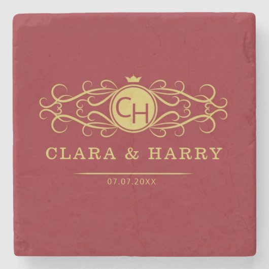 Romantic red gold elegant monogramme wedding steinuntersetzer (Vorderseite)