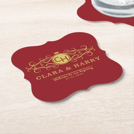 Romantic red gold elegant monogramme wedding untersetzer (angewinkelt)