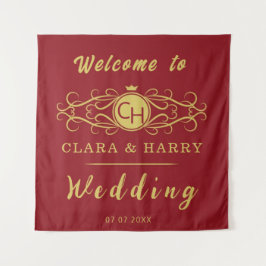 Romantic red gold elegant monogramme wedding  wandteppich