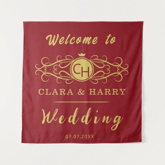 Romantic red gold elegant monogramme wedding wandteppich (Vorderseite)