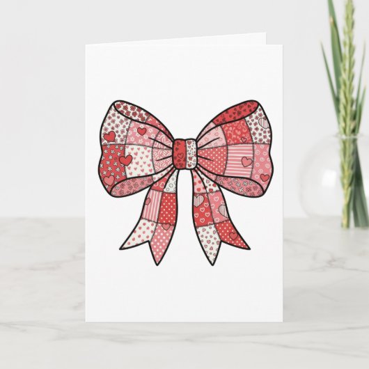 Romantic Red Pink Patchwork Ribbon Bow Drawing  Karte (Vorderseite)