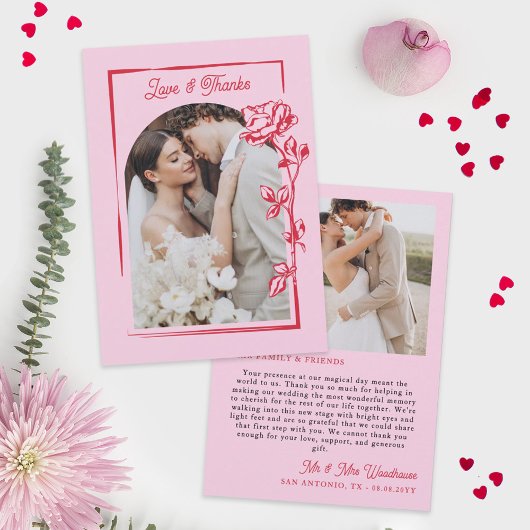 Romantic Red Pink Rose Illustration Love & Thanks Dankeskarte