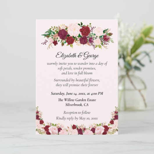 Romantic Red, Pink Roses Custom Wedding Invitation Einladung (Stehend Vorderseite)