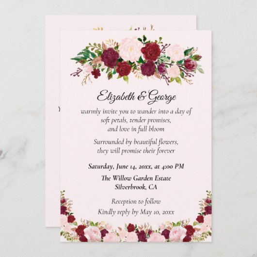 Romantic Red, Pink Roses Custom Wedding Invitation Einladung (Vorne/Hinten)