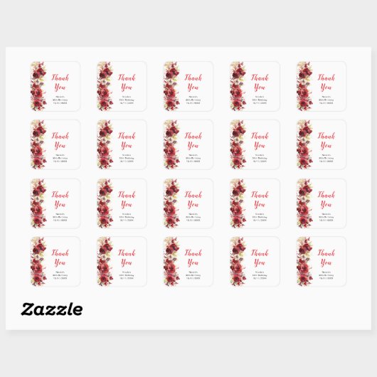 Romantic Red Roses Floral Birthday Party Quadratischer Aufkleber (Blatt)
