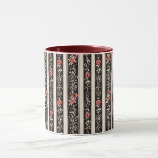 Romantic Red Roses Floral Cream Black Stripes Tasse (Zentrum)