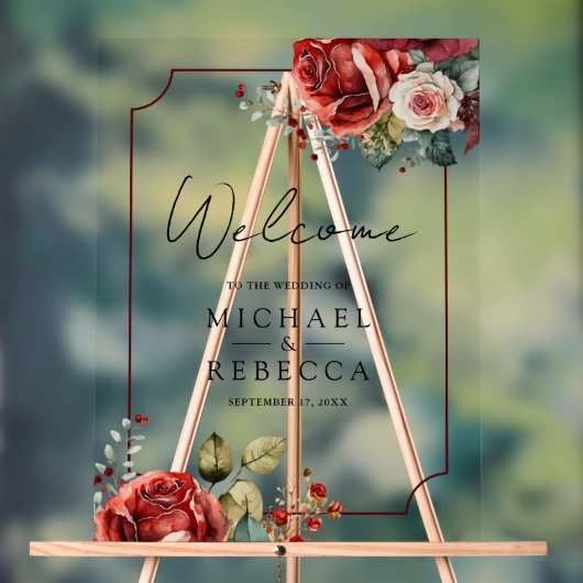 Romantic Red Roses Floral Wedding Welcome Acrylschild (Neutral)