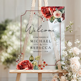 Romantic Red Roses Floral Wedding Welcome Acrylschild