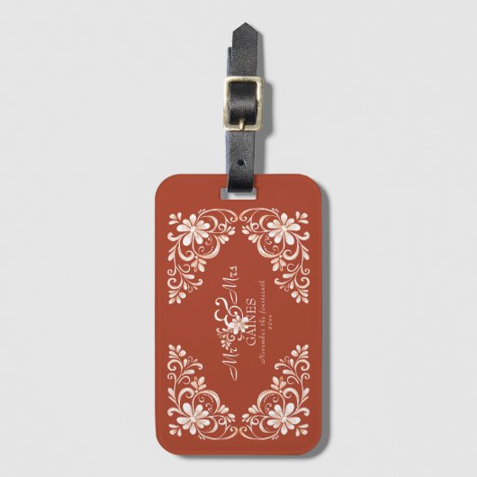 Romantic Red Rust Mr & Mrs Floral Wedding Gepäckanhänger (Vorderseite Vertikal)