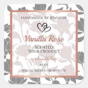 Romantic Rose Gold and Gray Floral Product Labels Quadratischer Aufkleber