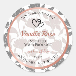 Romantic Rose Gold and Gray Floral Product Labels Runder Aufkleber