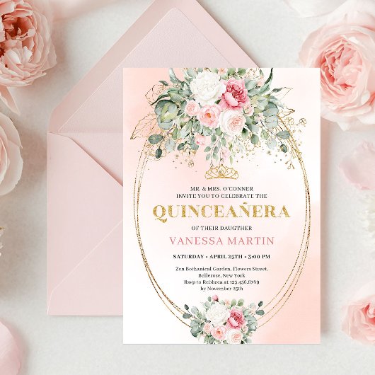 Romantic Rose Gold Blush Quinceañera Invitation Einladung