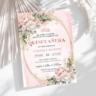 Romantic Rose Gold Floral Greenery Quinceañera   Einladung
