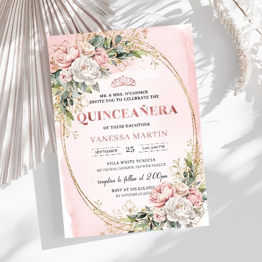 Romantic Rose Gold Floral Greenery Quinceañera Einladung