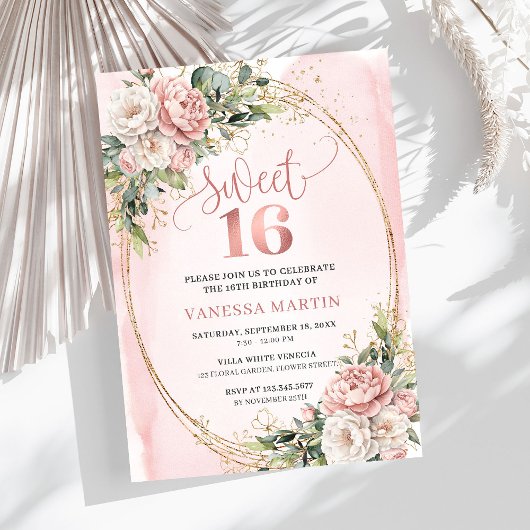 Romantic Rose Gold Floral Greenery Sweet Sixteen  Einladung