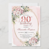 Romantic Rose Gold Greenery 90th Birthday Invite Einladung (Vorderseite)
