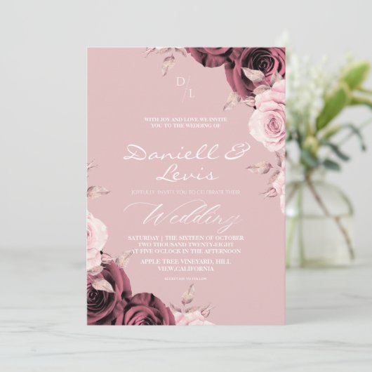 Romantic Roses Dusty Pink ⎮ Mauve Wedding  Einladung (Stehend Vorderseite)
