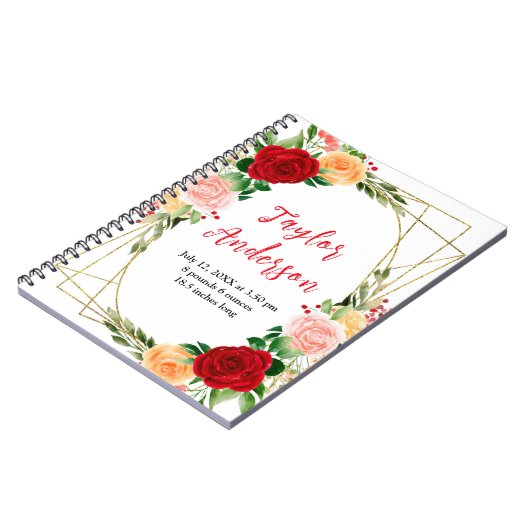 Romantic Roses Floral Baby Birth Stats Notizblock (Linke Seite)