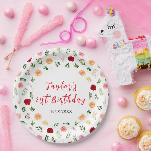 Romantic Roses Floral Birthday Pappteller (Party)