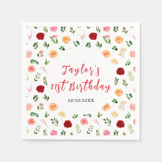 Romantic Roses Floral Birthday Serviette (Vorderseite)