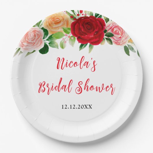 Romantic Roses Floral Bridal Shower Pappteller (Vorderseite)