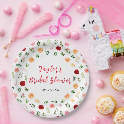 Romantic Roses Floral Bridal Shower Pappteller (Party)